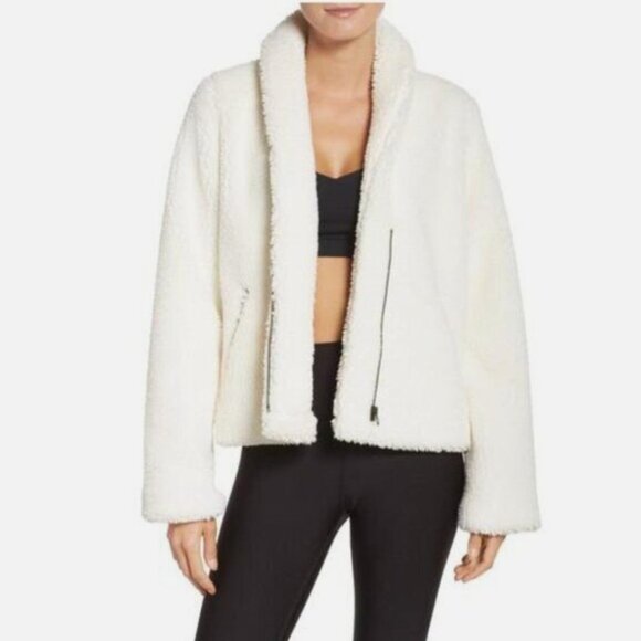Alo Sherpa zip up faux fur fuzzy jacket coat cream white crop oversized - Picture 1 of 5